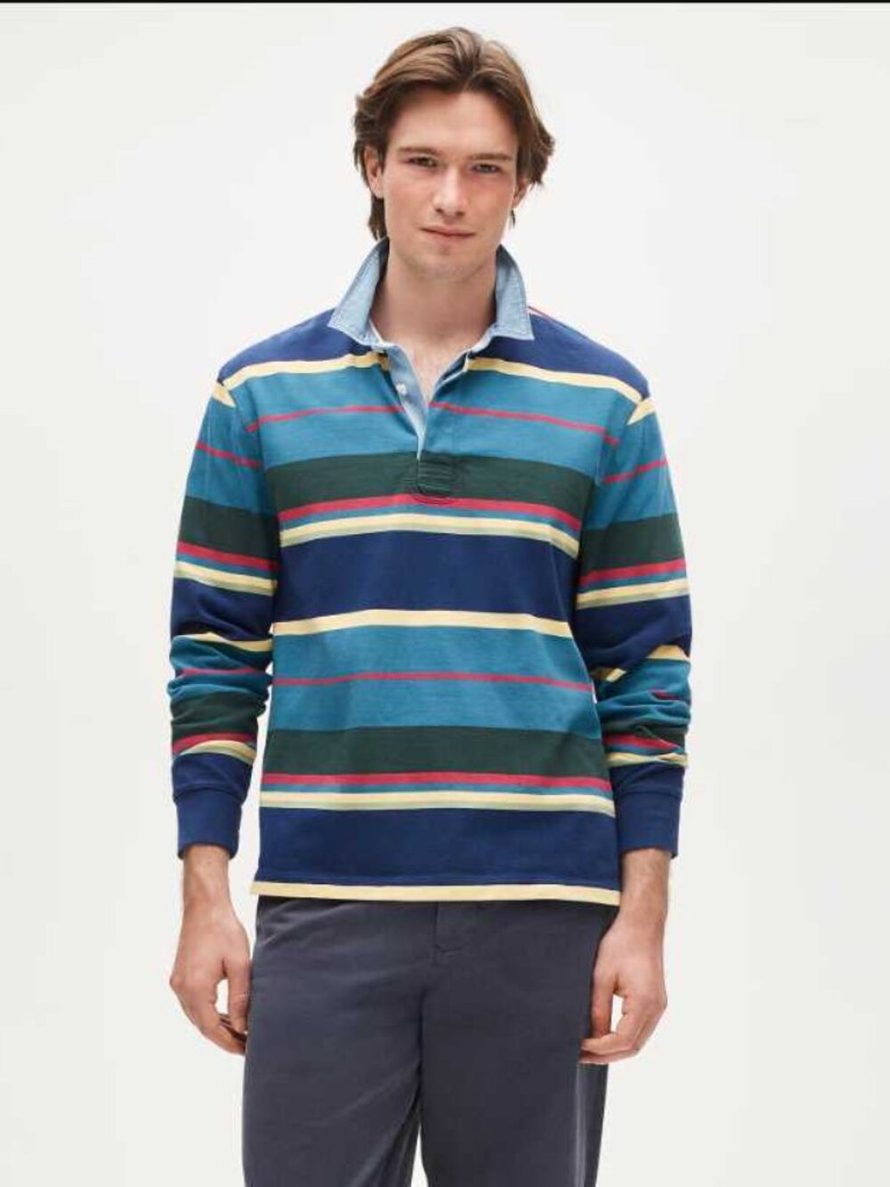 New L J.Crew Rugby longsleeve polo shirt in stripe with denim collar